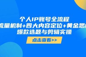 个人IP账号全流程：流量机制+四大内容定位+黄金思维, 爆款选题与剪辑实操