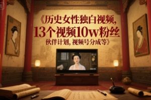 历史女性独白视频，13个视频10w粉丝，伙伴计划，视频号分成等