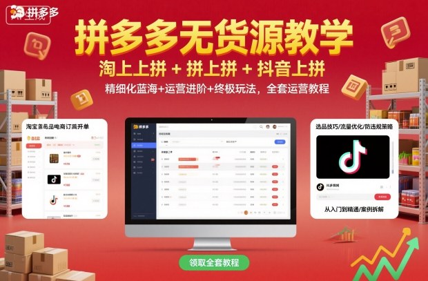 拼多多无货源教学,淘上拼+拼上拼+抖上拼,精细化蓝海+运营进阶+终极玩法,全套运营教程