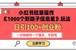 小红书批量操作《1000个野路子信息差》玩法，一分钟制作一个图文，不封号，日引100+创业粉