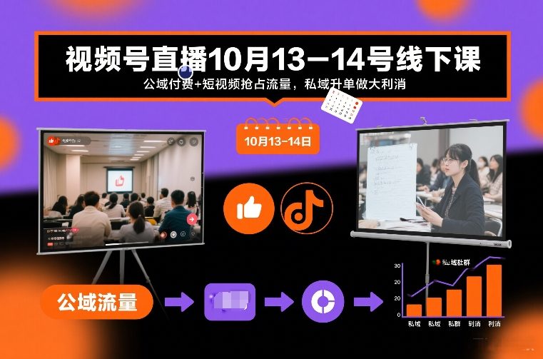 视频号直播10月13-14号线下课，公域付费+短视频抢占流量，私域升单做大利消
