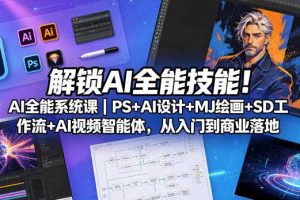 解锁AI全能技能！AI全能系统课｜PS+AI设计+MJ绘画+SD工作流+AI视频智能体，从入门到商业落地