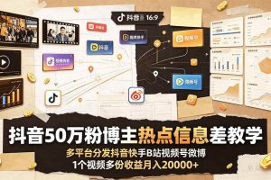 (19145期)抖音50万粉博主热点信息差教学:多平台分发抖音快手B站视频号微博,1个视频多份收益月入20000+
