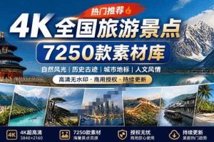 热门全国旅游风景素材!4K全国旅游景点素材库,7250款素材,旅行达人城市航拍风景风光高清短视频