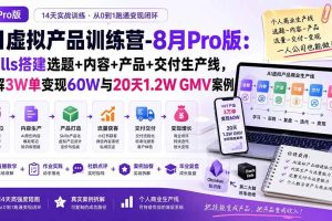 (20096期)AI虚拟产品训练营-8月Pro版-更新:Skills搭建选题+内容+产品+交付生产线,拆解3W单变现60W与20天1.2W GMV案例