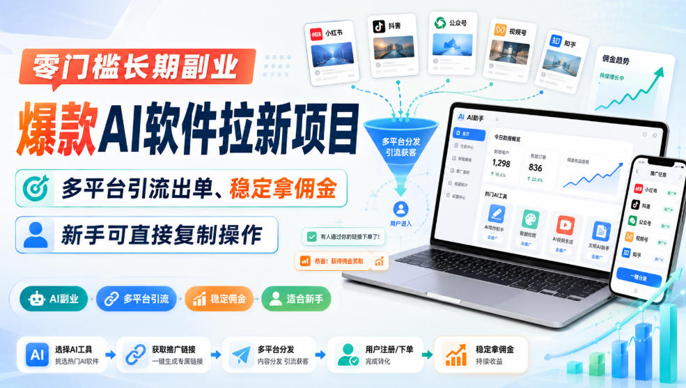 零门槛长期副业，爆款AI软件拉新项目，多平台引流出单、稳定拿佣金，新手可直接复制操作